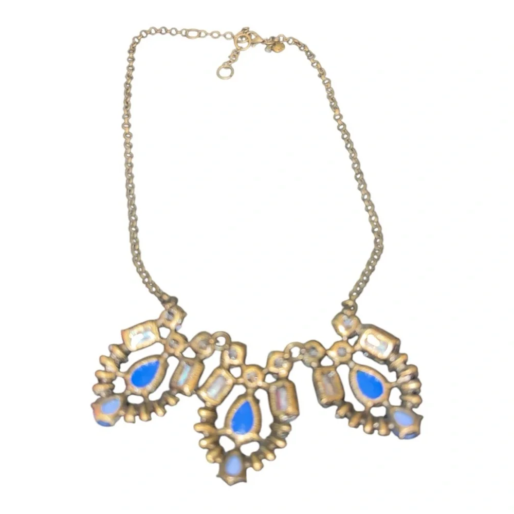J Crew Clear Blue Rhinestone Antique Gold Statement Necklace Stamped JB5